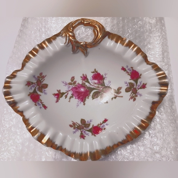 Vintage Moss Rose China Candy Dish 28/6M Gold Trim Scalloped Edge - Picture 1 of 12